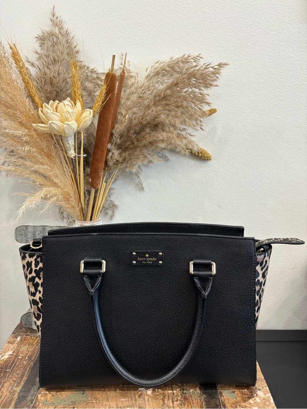 Kate Spade Black Satchel with Leopard Side Panels *NO LONG STRAP*